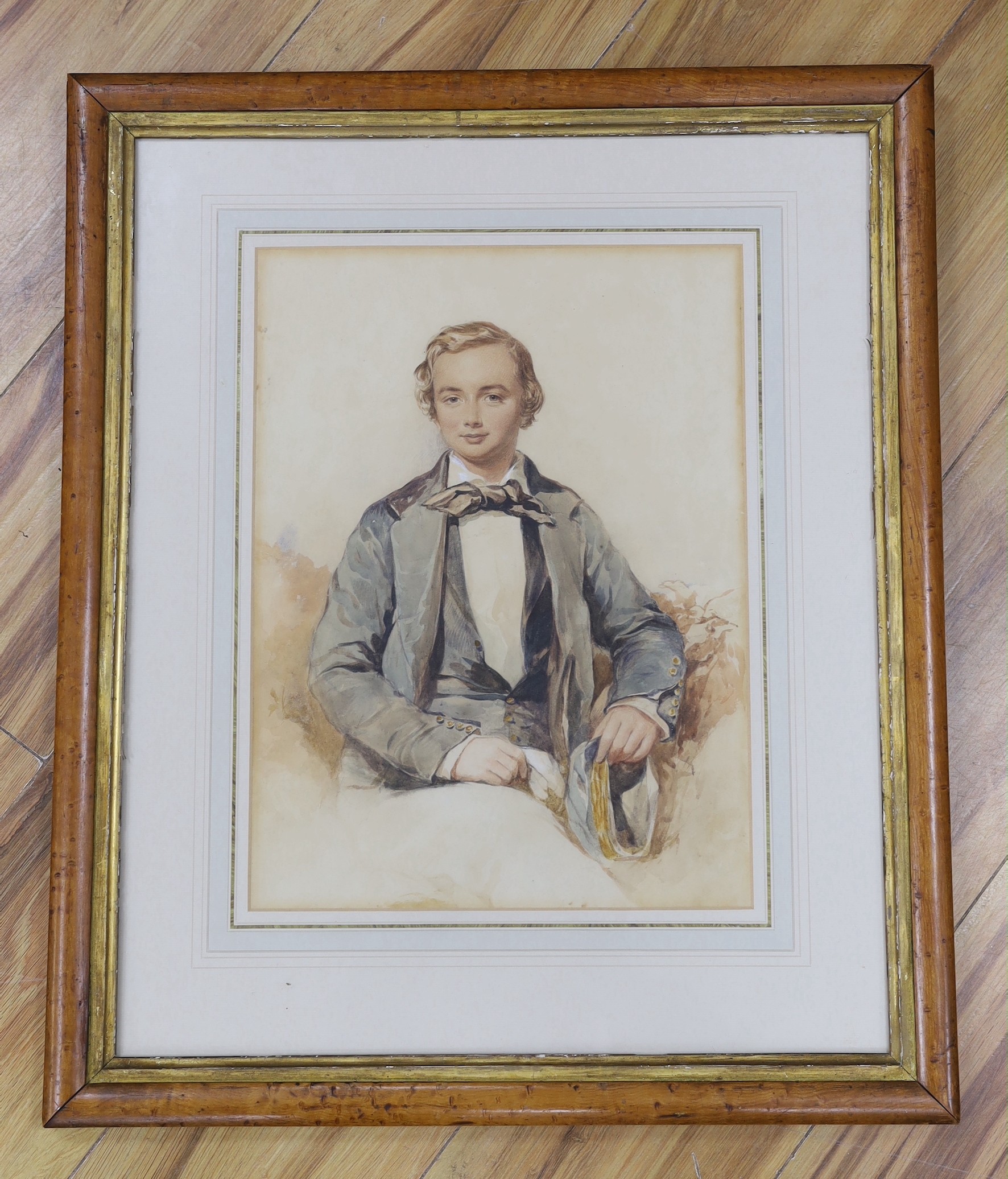 Victorian School, watercolour, Portrait of a young man, 39 x 29cm